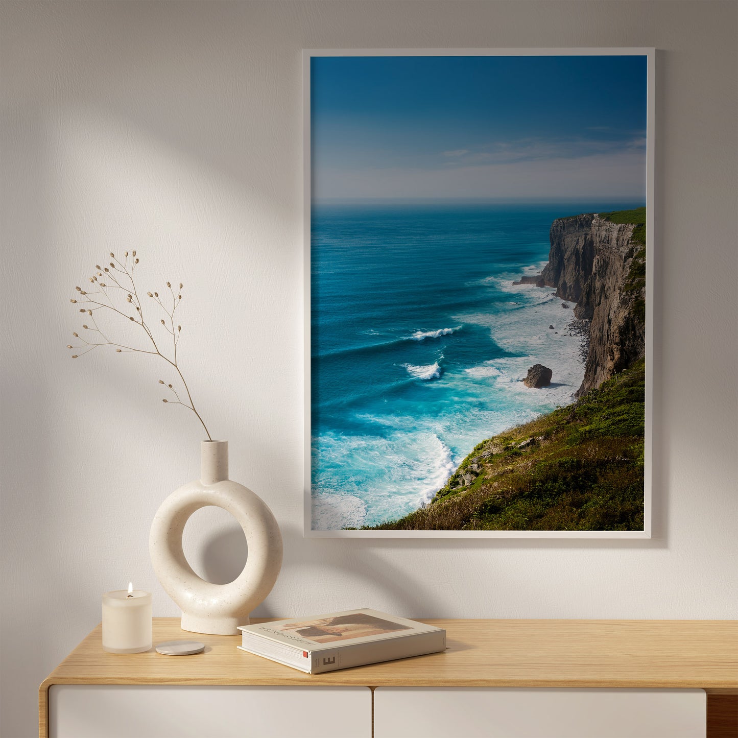 Coastal Cliff Ocean Blue Seascape Wall Art, Turquoise Waves & Rugged Shore