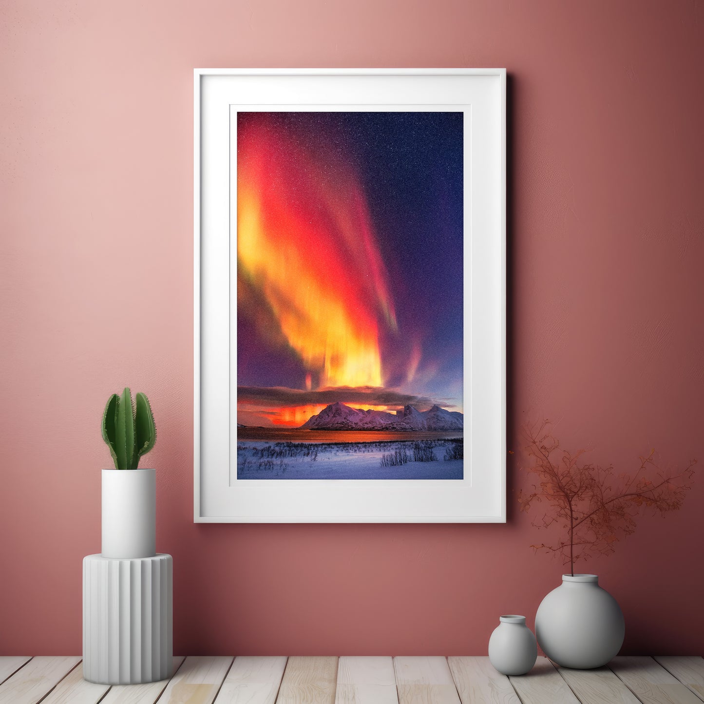 Northern Lights Wall Art Set - Red Aurora Night Sky