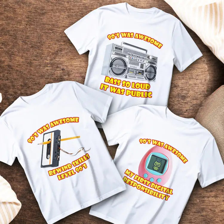 90s t-shirts collection hero image – retro vibes, neon colors, cassette graphics