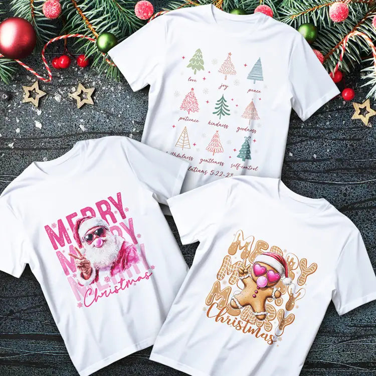 Christmas t-shirts collection hero image – festive trees, Santa, and holiday graphics
