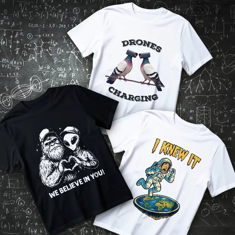 Conspiracy theory t-shirts collection hero image – UFO, flat earth, cryptid art