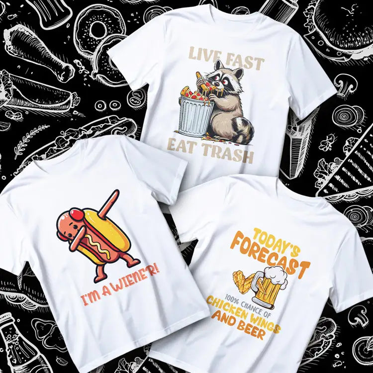 Fast food t-shirts collection hero image – burgers, pizza, fries and foodie humor
