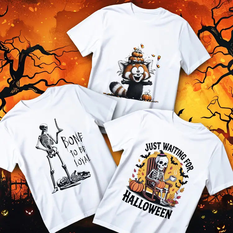 Halloween t-shirts collection hero image – pumpkins, skeletons, witches and spooky art