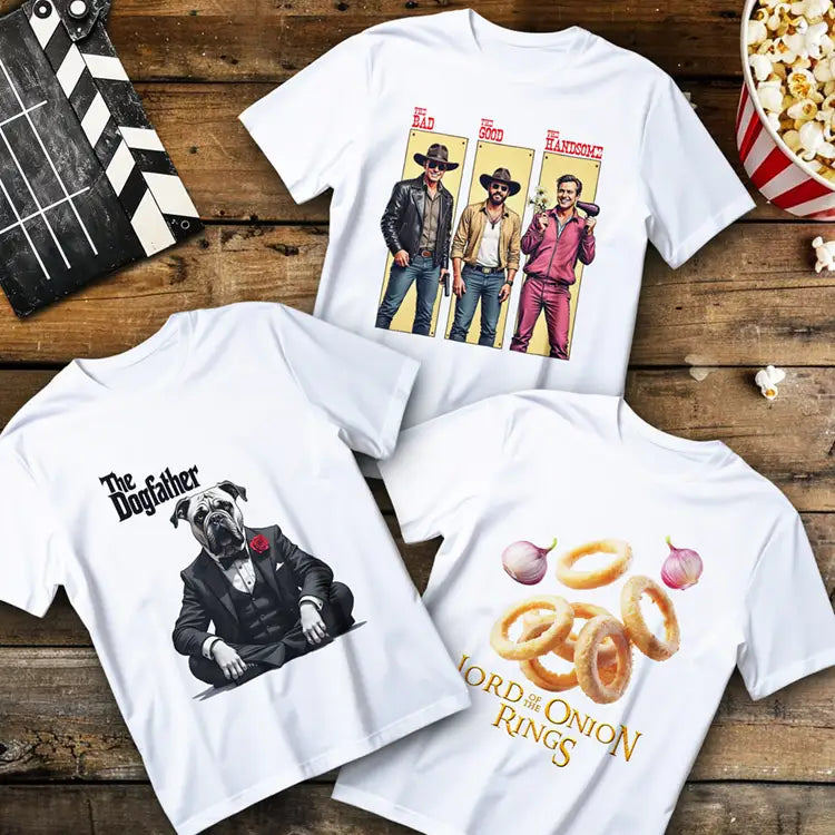 Movie parody t-shirts collection hero image – funny film-inspired graphic designs