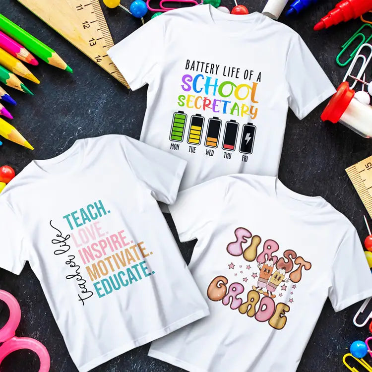 School t-shirts collection hero image – teacher and classroom themed tees