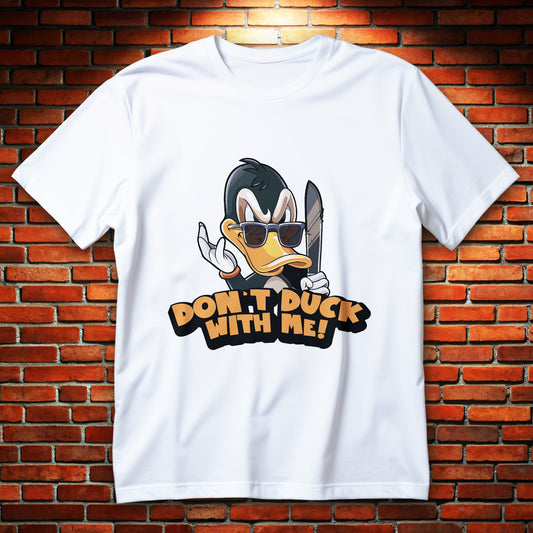 don't duck with me t-shirt - cartoon duck in sunglasses holding feather, funny pun graphic