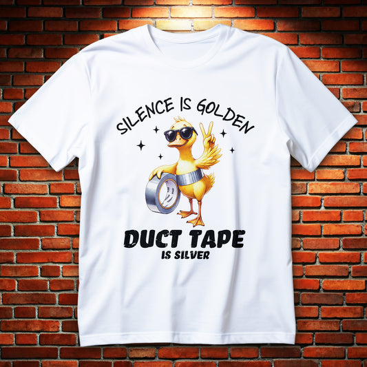 silence is golden duct tape t-shirt - cool duck in sunglasses with tape and peace sign, funny handyman graphic
