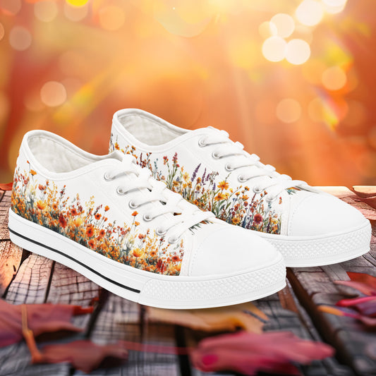 Autumn Flowers Womens Low Top Sneakers - Fall Floral Canvas Shoes with Memory Foam Insole, Botanical Print, Comfortable Casual Gift for Her