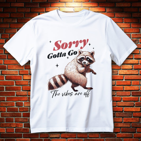 sorry raccoon t-shirt - shy raccoon with paw to mouth and sorry gotta go text, cute apology graphic