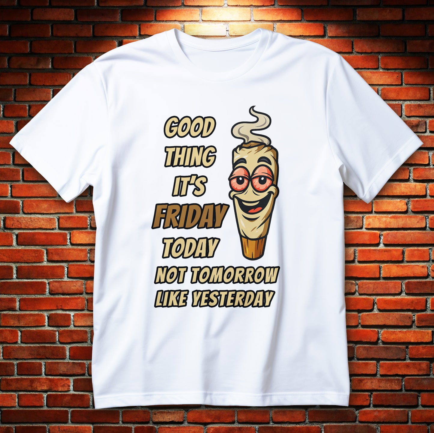 good thing it's friday t-shirt - chill cartoon character with red eyes smiling, funny weekend graphic

