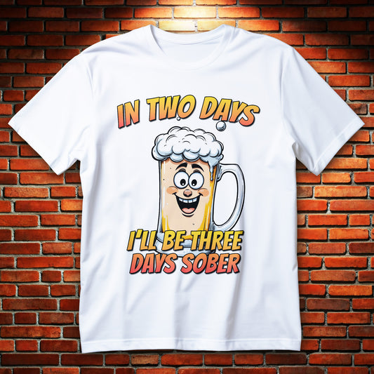 funny beer t-shirt - cartoon pint with foam and text in two days i'll be three days sober