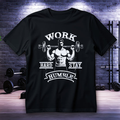 Work Hard Stay Humble gym shirt with bodybuilding graphic