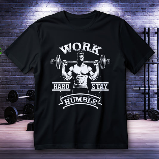Work Hard Stay Humble gym shirt with bodybuilding graphic