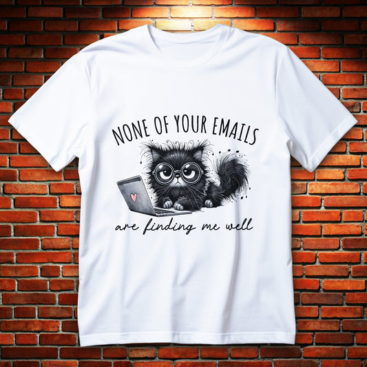 work from home cat t-shirt - grumpy black cat with glasses at laptop, "none of your emails" quote
