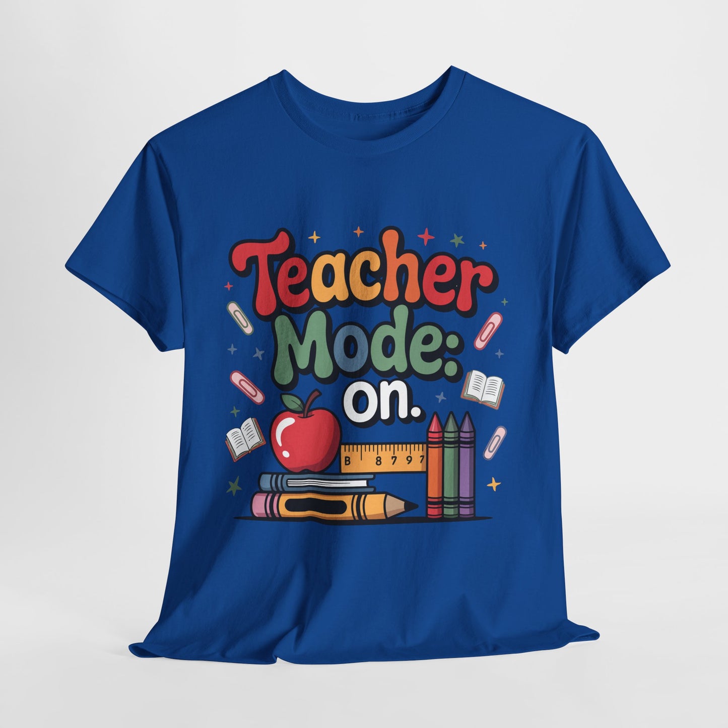 Teacher Mode On Shirt - Cute Back to School Tee with Crayons, Books & Apple, Positive Teacher Gift for Classroom Heroes