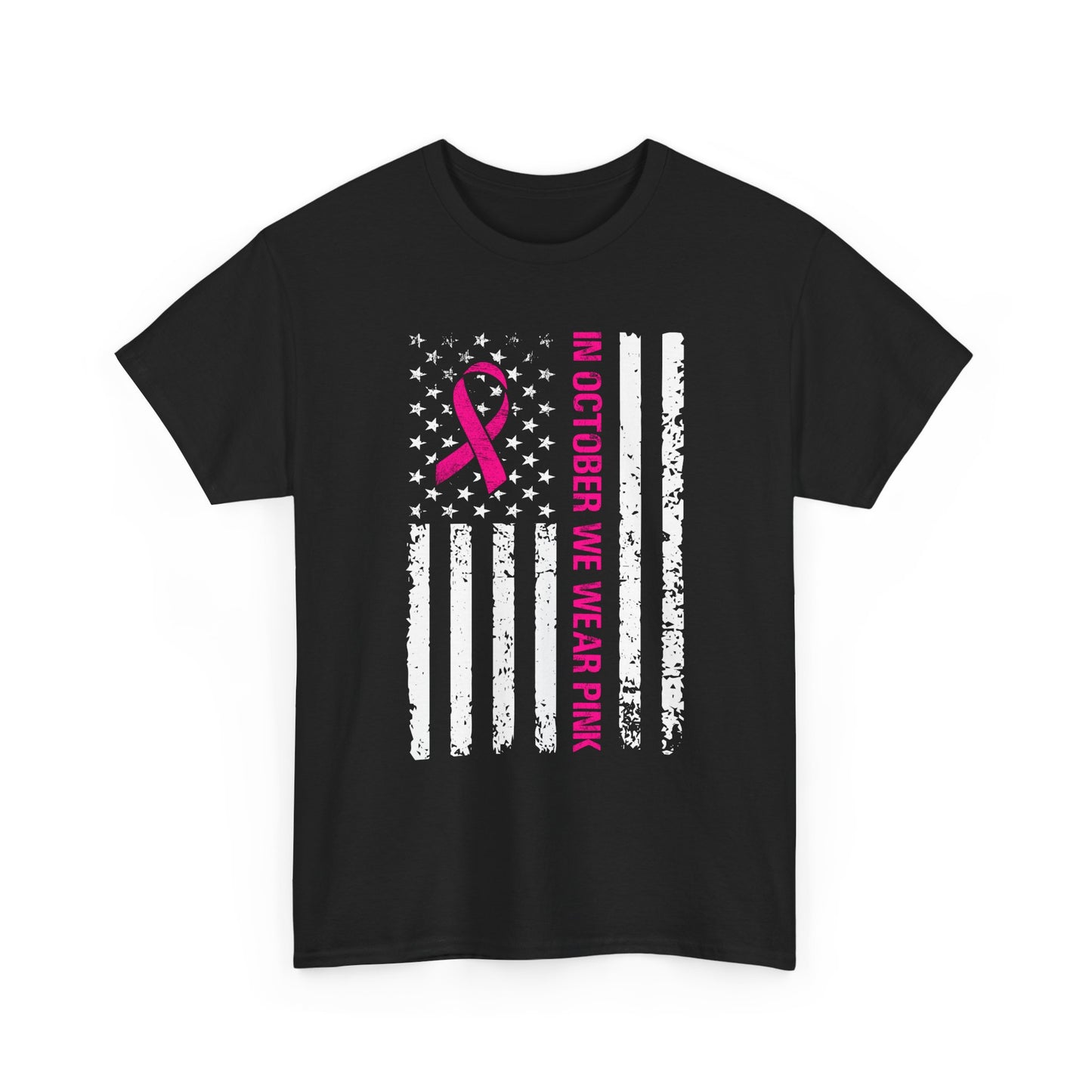 W październiku nosimy różową koszulkę – koszulka z motywem świadomości raka piersi z różową wstążką i flagą USA w stylu grunge, koszulka z wyrazami wsparcia i zbiórką funduszy