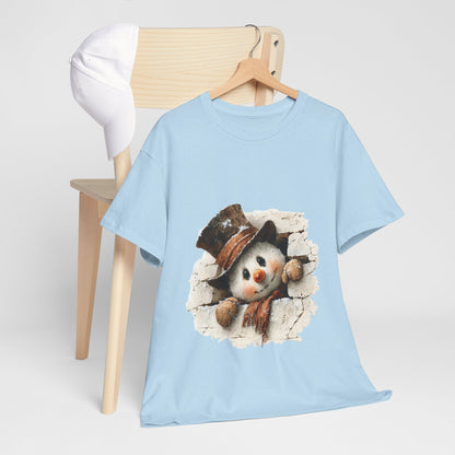 Peeking Snowman Christmas T-Shirt - Vintage Snowman in Torn Paper Tee