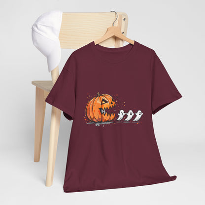 Pumpkin vs Ghosts Halloween T-Shirt - Jack-O-Lantern Chasing Ghosts