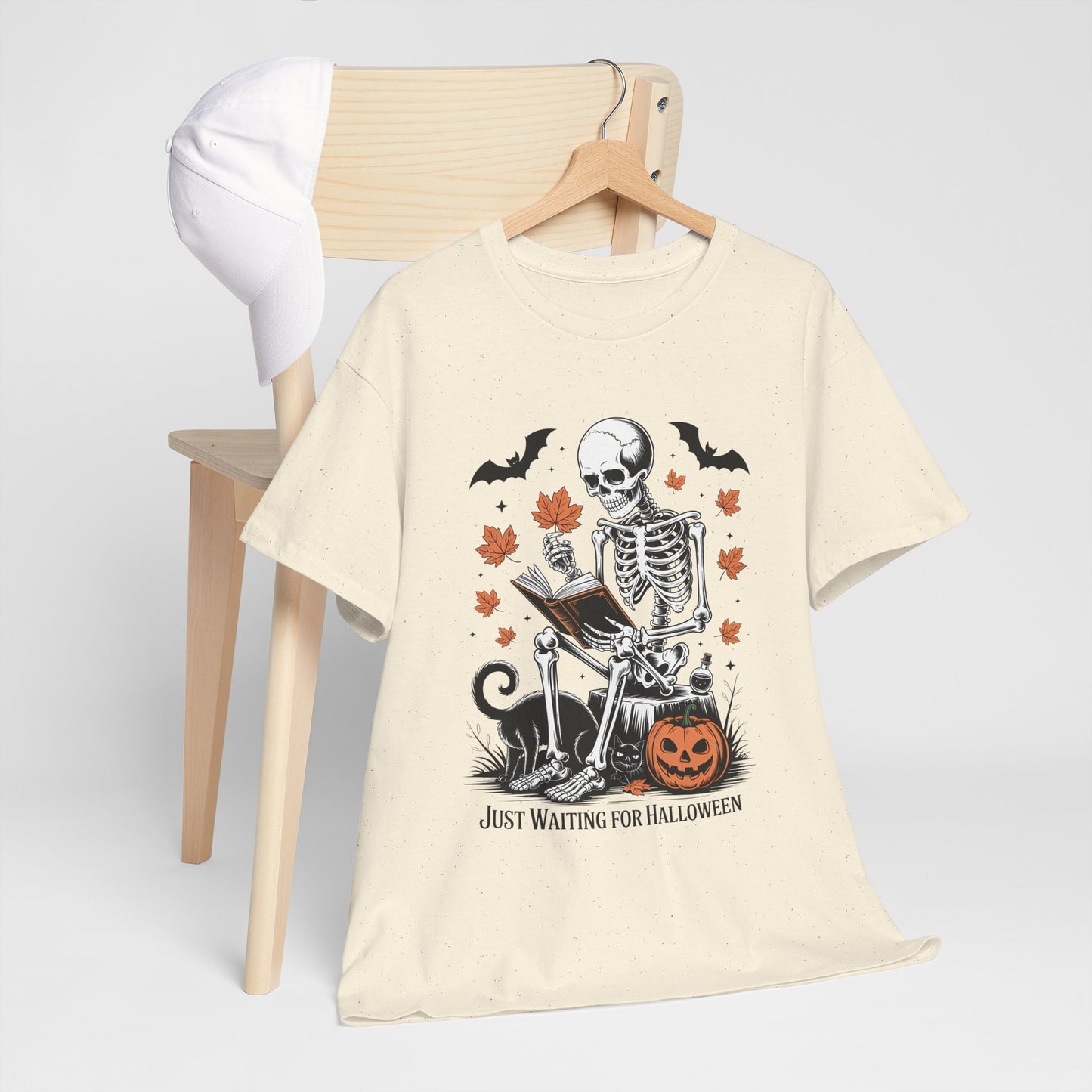 Just Waiting for Halloween T-Shirt - Cozy Spooky Skeleton Reading Tee
