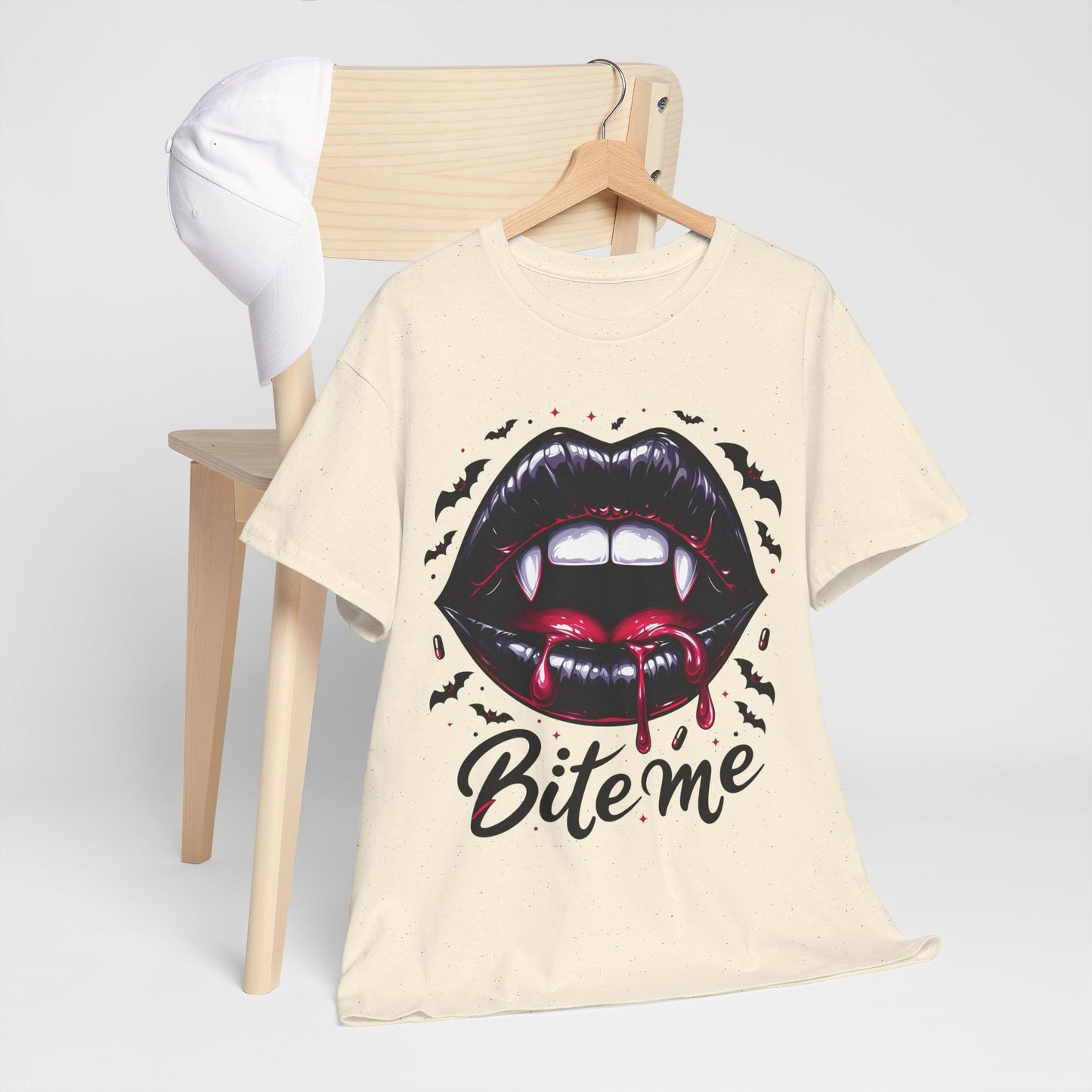 Bite Me Vampire Lips T-Shirt - Gothic Fangs & Bats Halloween Tee