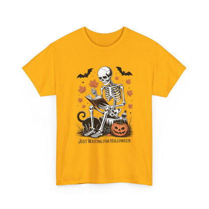 Just Waiting for Halloween T-Shirt - Cozy Spooky Skeleton Reading Tee