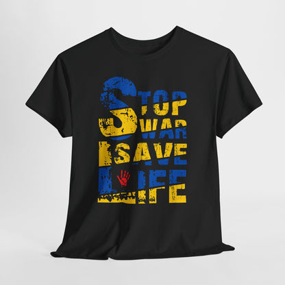 Stop War Save Life Shirt - Blue & Yellow Anti-War Tee, Ukraine Support T-Shirt with Red Handprint, Peace and Solidarity Gift