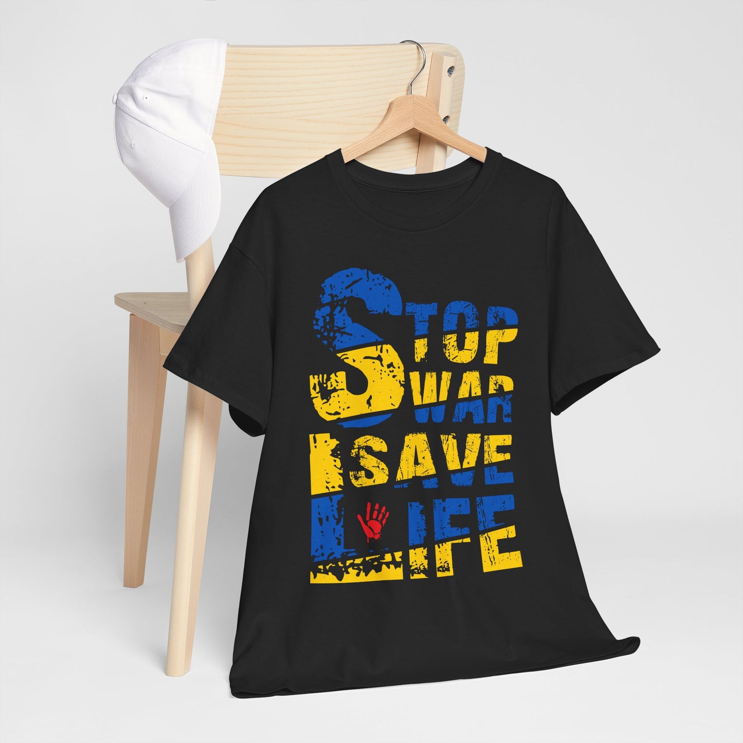 Stop War Save Life Shirt - Blue & Yellow Anti-War Tee, Ukraine Support T-Shirt with Red Handprint, Peace and Solidarity Gift