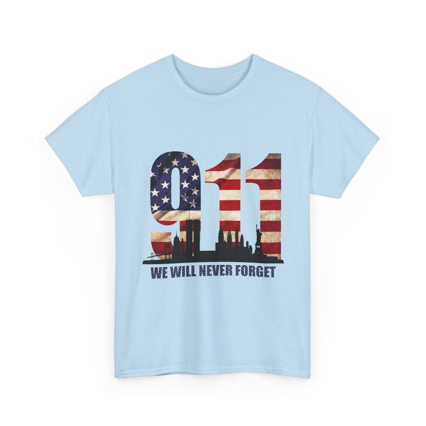 9/11 Memorial Shirt - American Flag NYC Skyline - We Will Never Forget Tribute T-Shirt