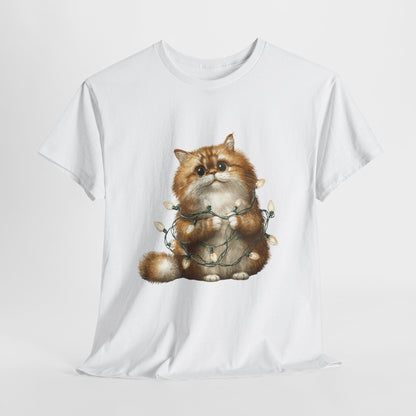Christmas Lights Cat T-Shirt - Cute Kitty Tangled in Fairy Lights