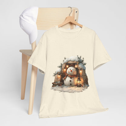Cozy Lantern Snowman Christmas T-Shirt - Rustic Christmas Snowman with String Lights