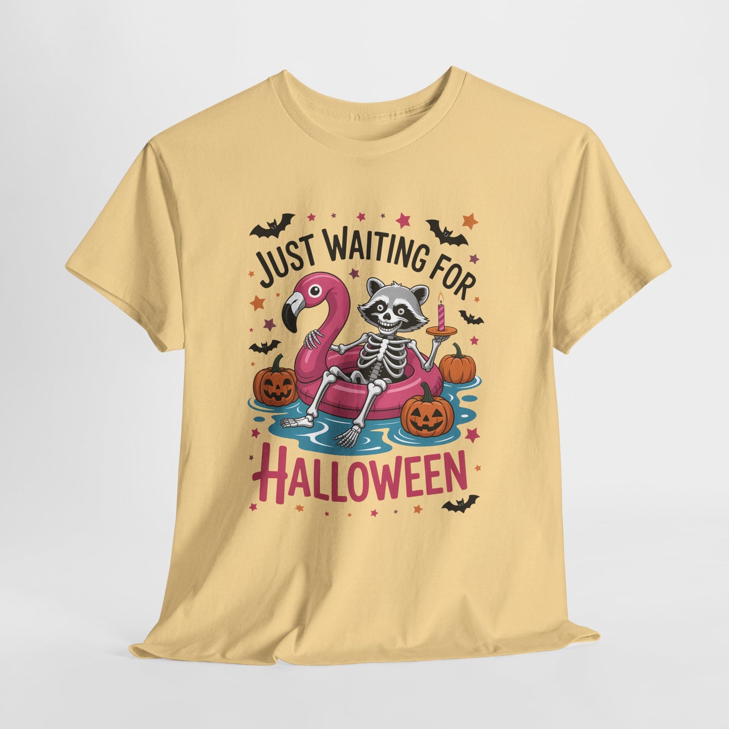 Just Waiting for Halloween T-Shirt - Raccoon Skeleton Flamingo Tee