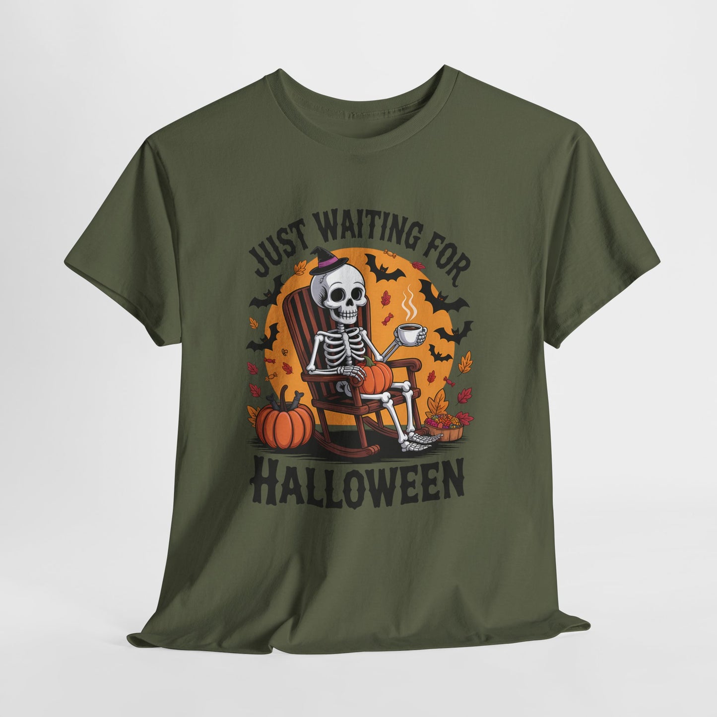 Just Waiting for Halloween T-Shirt - Skeleton Coffee Autumn Vibes Tee