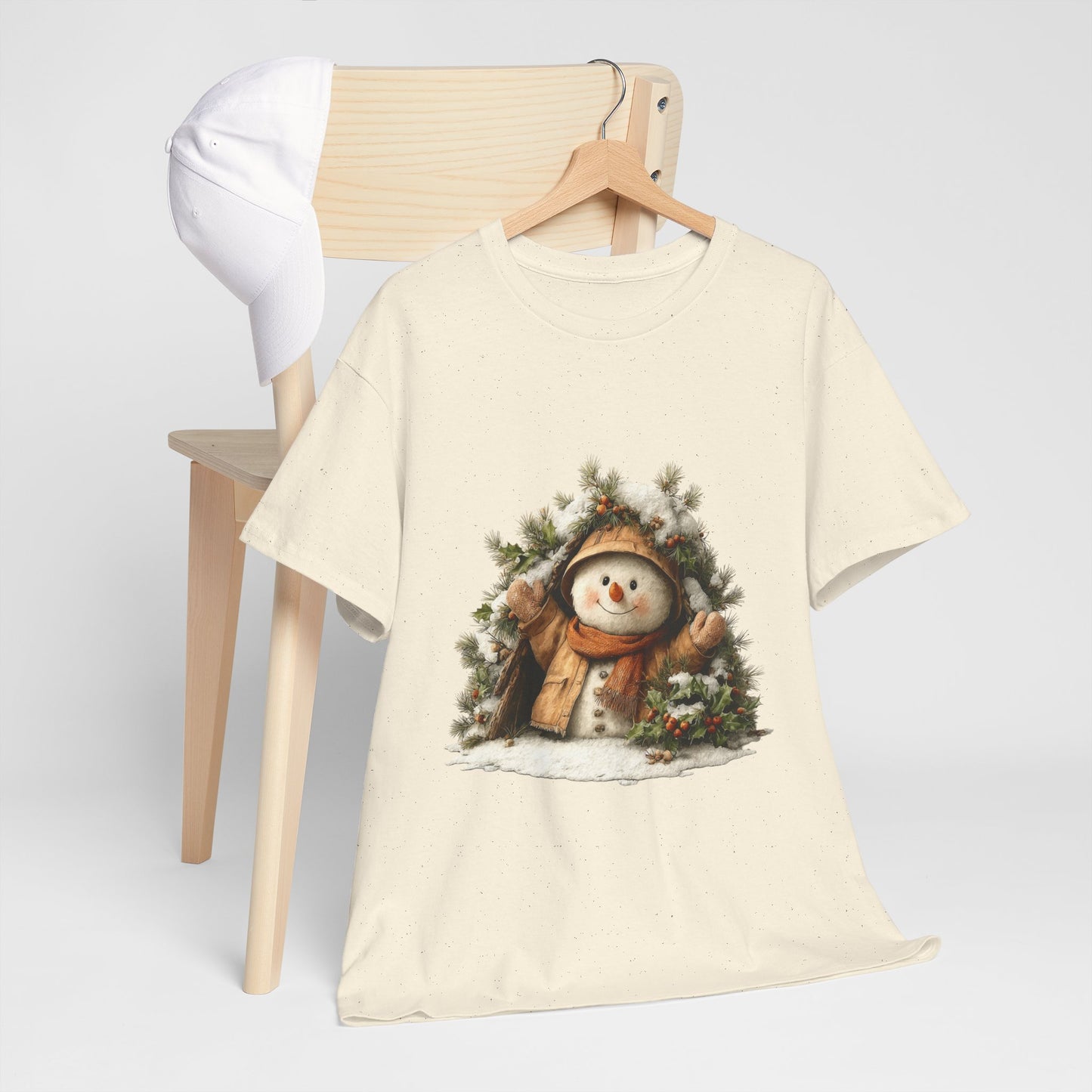 Forest Wreath Snowman Christmas T-Shirt - Cozy Rustic Snowman in Coat & Scarf