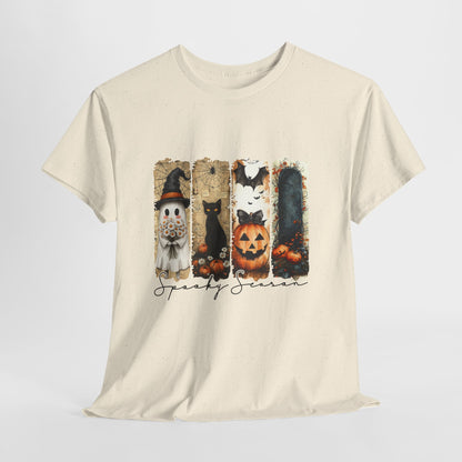 Spooky Season Panels Halloween T-Shirt with Ghost, Black Cat, Jack-O-Lantern & Bats