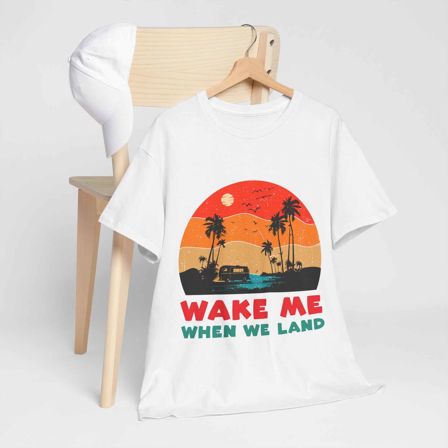 Wake Me When We Land T-Shirt - Funny Jet Lag Travel Retro Sunset Tee