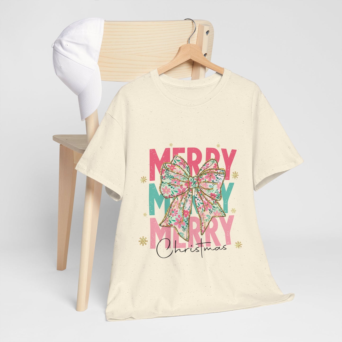Merry Merry Merry Christmas T-Shirt - Floral Bow Pastel Tee