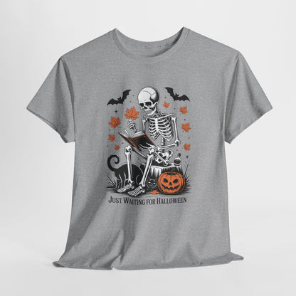 Just Waiting for Halloween T-Shirt - Cozy Spooky Skeleton Reading Tee
