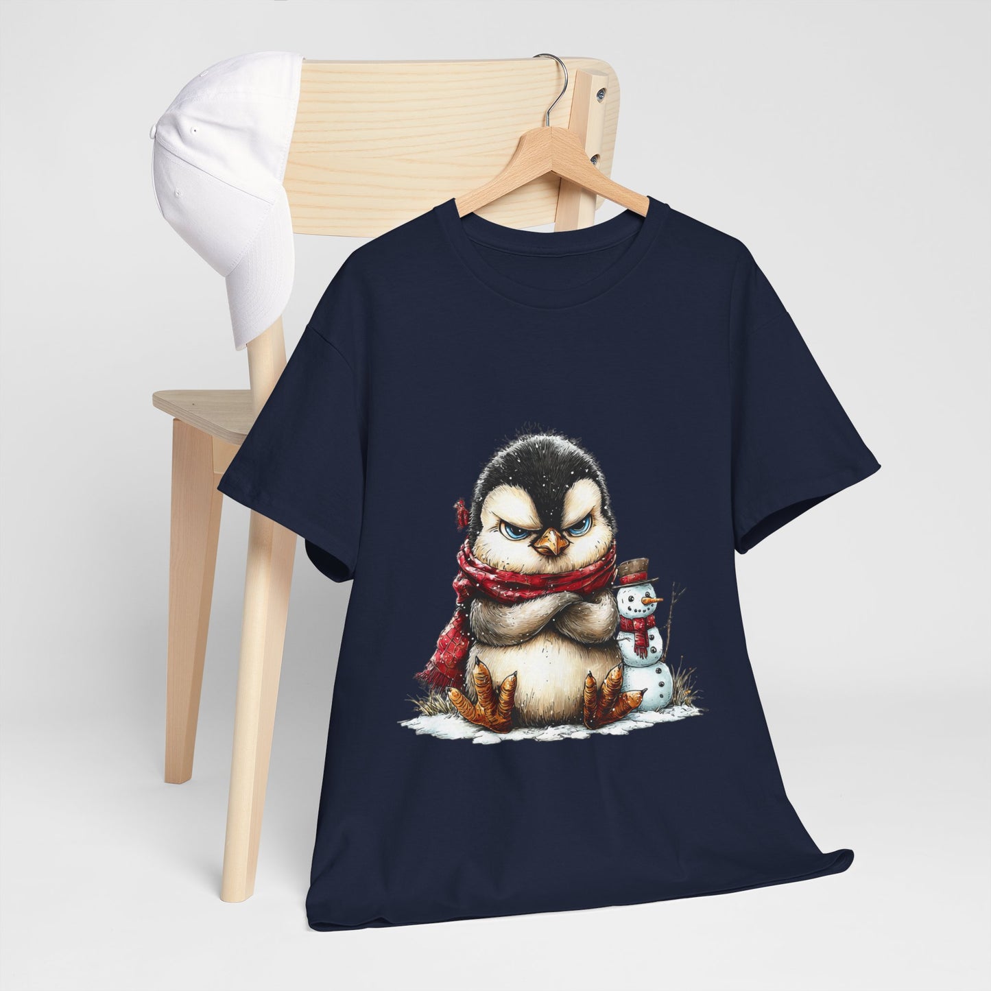 Grumpy Penguin Christmas T-Shirt - Winter Penguin with Snowman Buddy