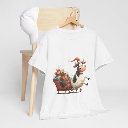 Santa Cow Sleigh Christmas T-Shirt - Funny Cow Pulling Sleigh Tee