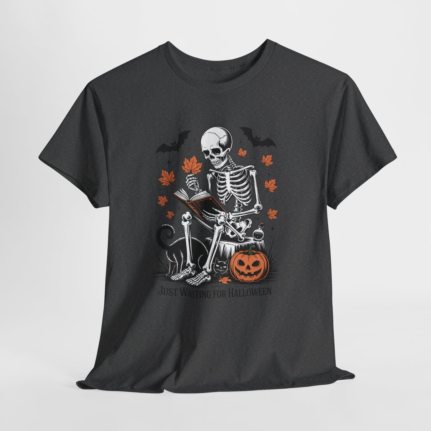 Just Waiting for Halloween T-Shirt - Cozy Spooky Skeleton Reading Tee