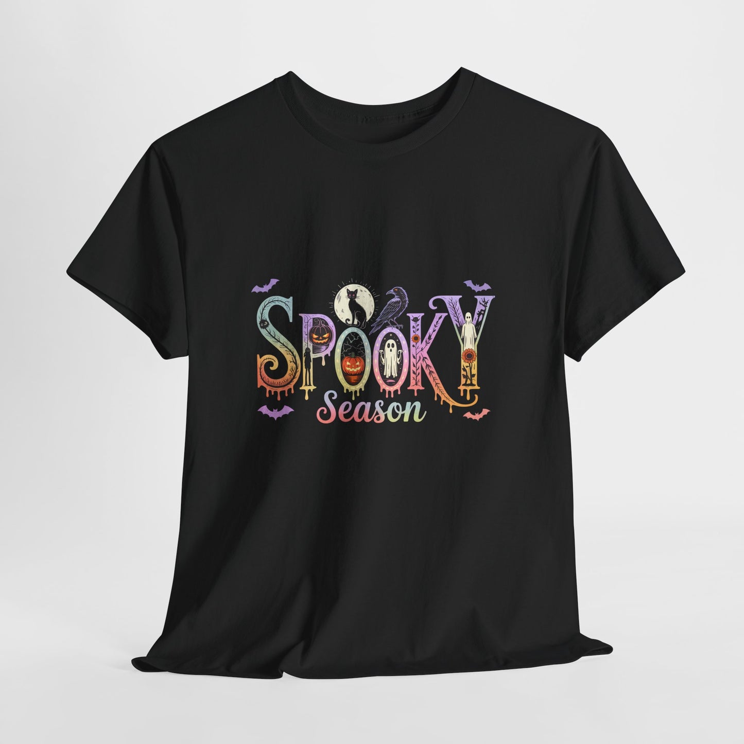 Spooky Season Gothic T-Shirt with Ghosts, Black Cat, Raven & Pumpkins