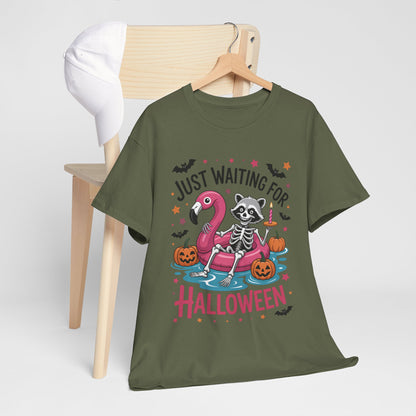 Just Waiting for Halloween T-Shirt - Raccoon Skeleton Flamingo Tee