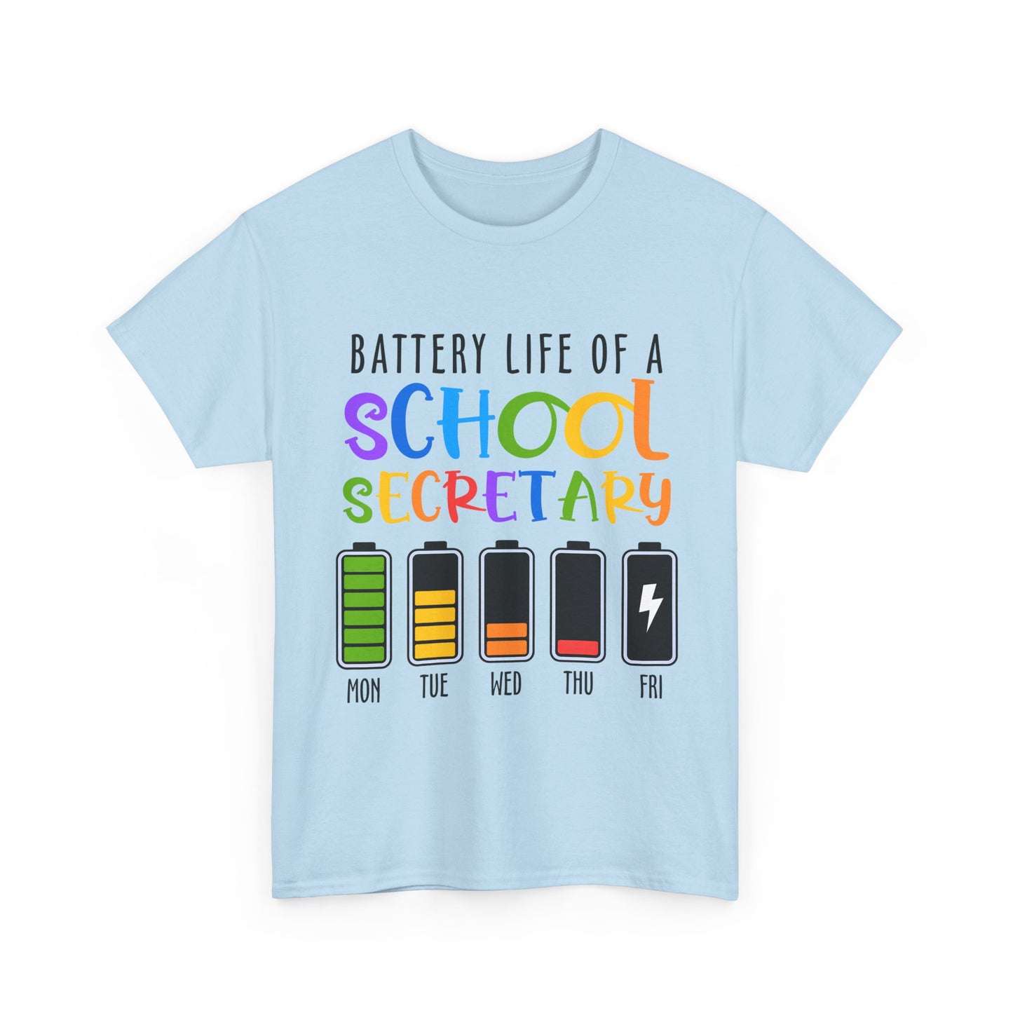 School Secretary Battery Shirt - Funny Rainbow Staff Tee for School Office Life, End of Year Exhaustion Gift for Secretaries