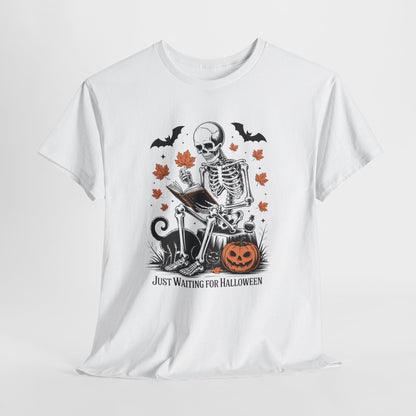 Just Waiting for Halloween T-Shirt - Cozy Spooky Skeleton Reading Tee