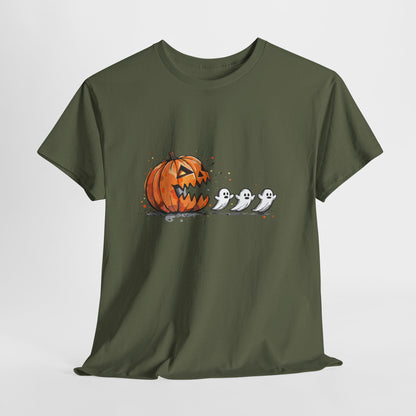 Pumpkin vs Ghosts Halloween T-Shirt - Jack-O-Lantern Chasing Ghosts