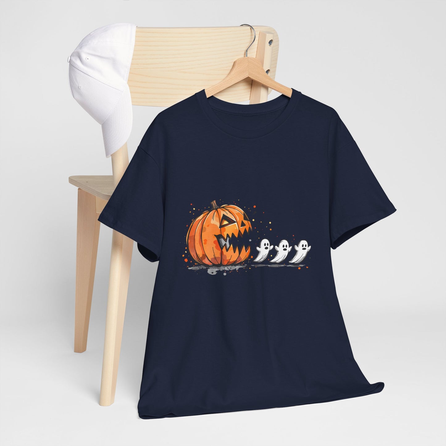 Pumpkin vs Ghosts Halloween T-Shirt - Jack-O-Lantern Chasing Ghosts
