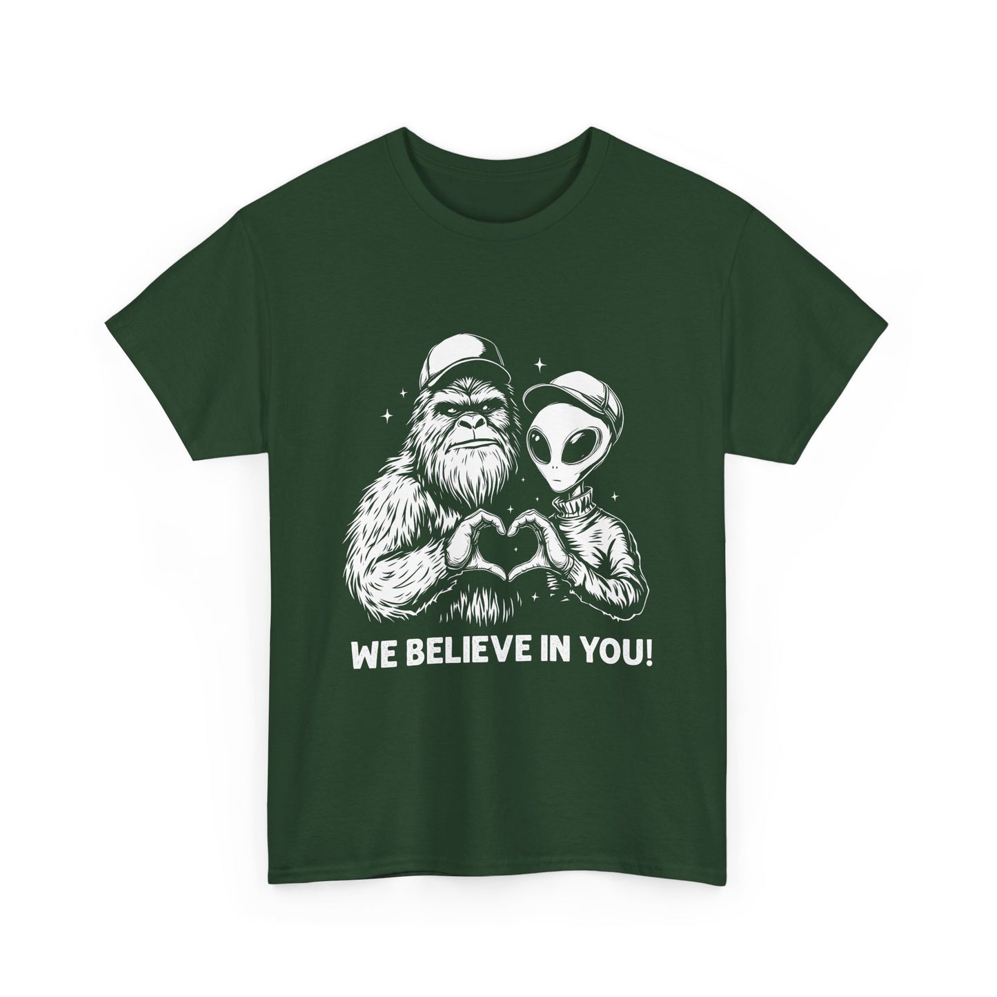 We Believe In You T-Shirt - Bigfoot & Alien Heart Hands Tee