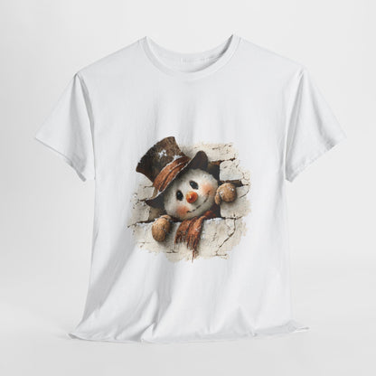 Peeking Snowman Christmas T-Shirt - Vintage Snowman in Torn Paper Tee