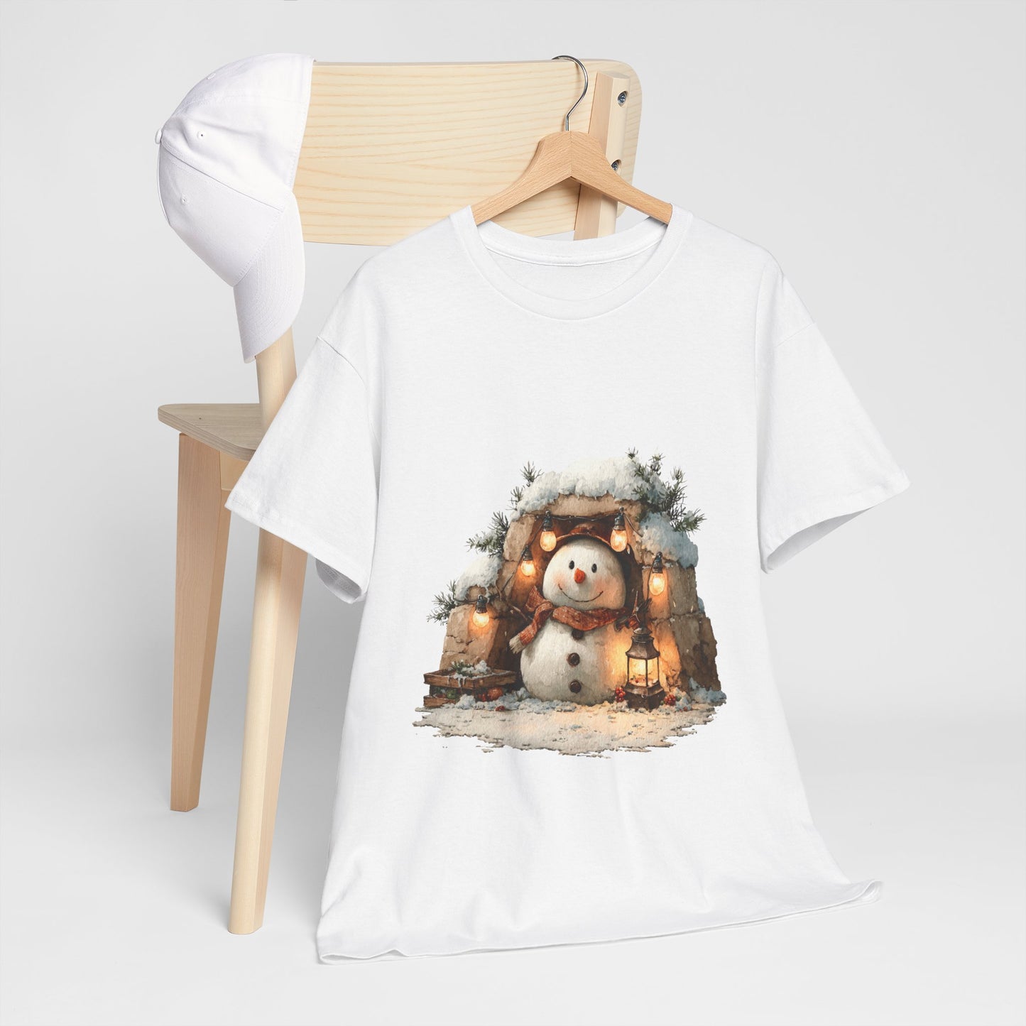 Cozy Lantern Snowman Christmas T-Shirt - Rustic Christmas Snowman with String Lights