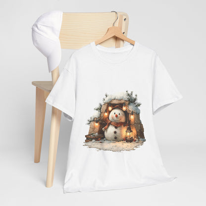 Cozy Lantern Snowman Christmas T-Shirt - Rustic Christmas Snowman with String Lights